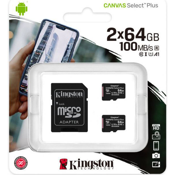 Карта пам'яті KINGSTON microSDXC 2 х 64GB Canvas Select Plus Class 10 UHS-I U1 (SDCS2/64GB-2P1A) Тип карти micro-SDXC