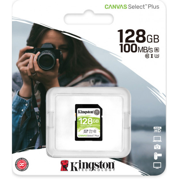 Карта пам'яті KINGSTON SDXC 128GB Canvas Select Plus Class 10 UHS-I U3 (SDS2/128GB) Об'єм пам'яті 128 Гб