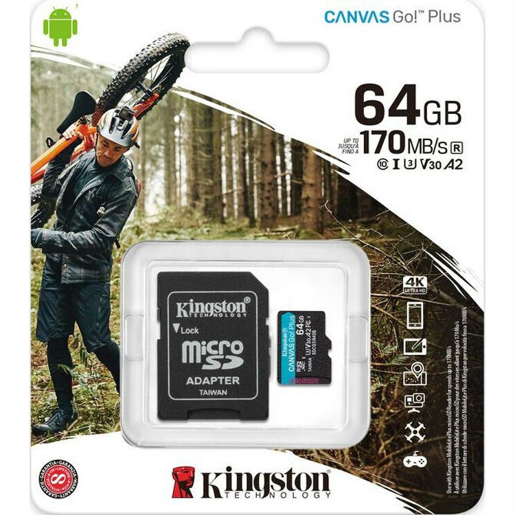 Карта памяти Kingston MicroSDXC 64GB Canvas Go! Plus Class 10 UHS-I U3 V30 A2 + SD-адаптер (SDCG3/64GB) Тип карты micro-SDXC