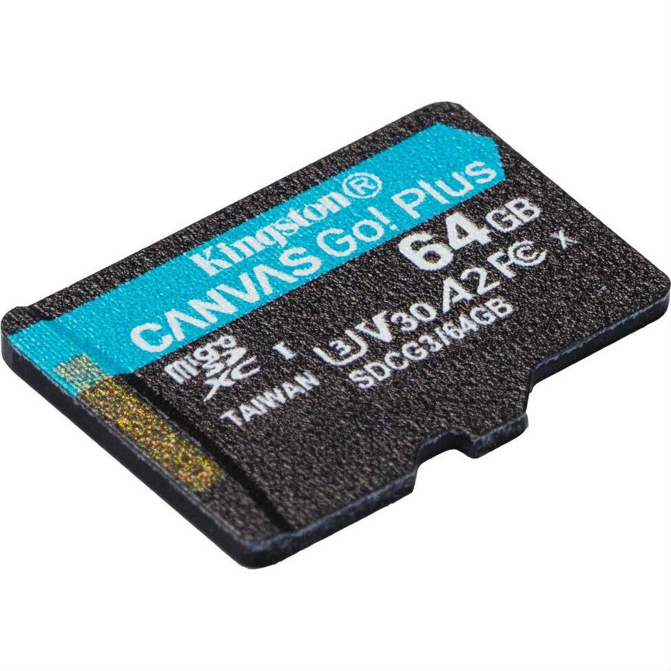 Карта пам'яті Kingston MicroSDXC 64GB Canvas Go! Plus Class 10 UHS-I U3 V30 A2 + SD адаптер (SDCG3/64GB) Швидкість читання 170