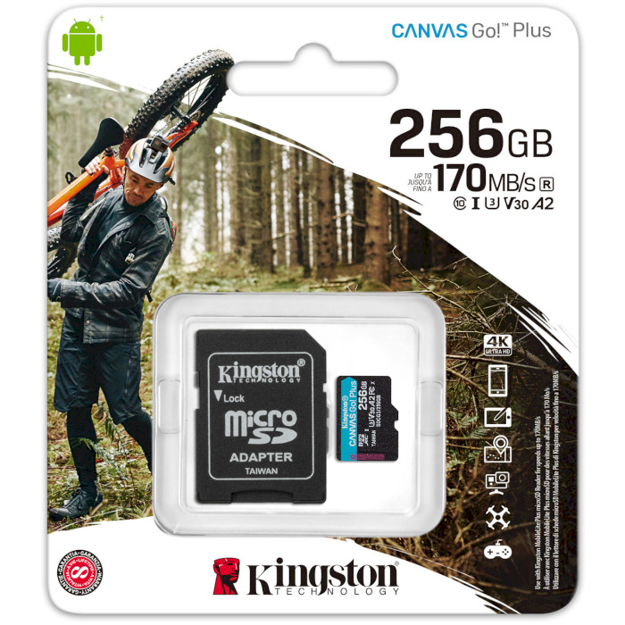 Карта пам'яті KINGSTON microSDXC 256Gb Canvas Go+ UHS-I U3 V30 A2 Class 10 + SD-adapter (R170/W90) Об'єм пам'яті 256 Гб