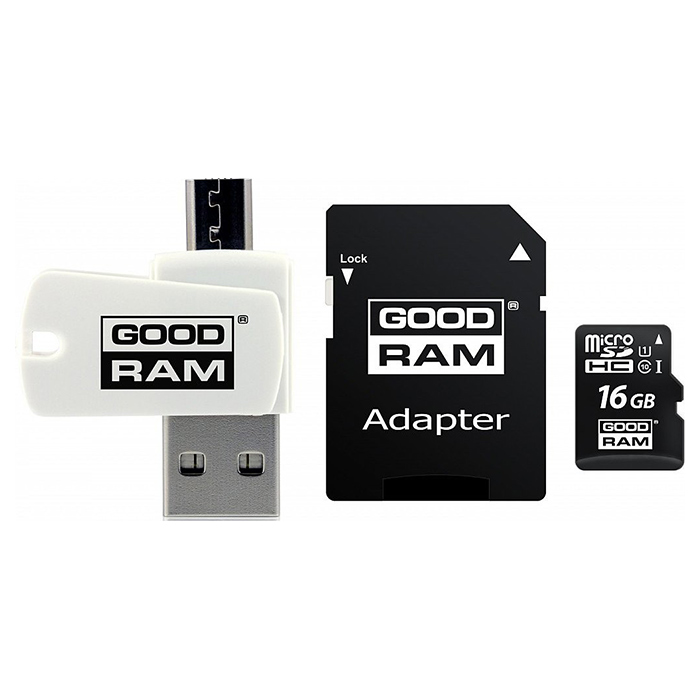 Карта пам'яті GOODRAM microSDHC 16GB Class 10 + USB-cardreader/SD-adapter (M1A4-0160R12)