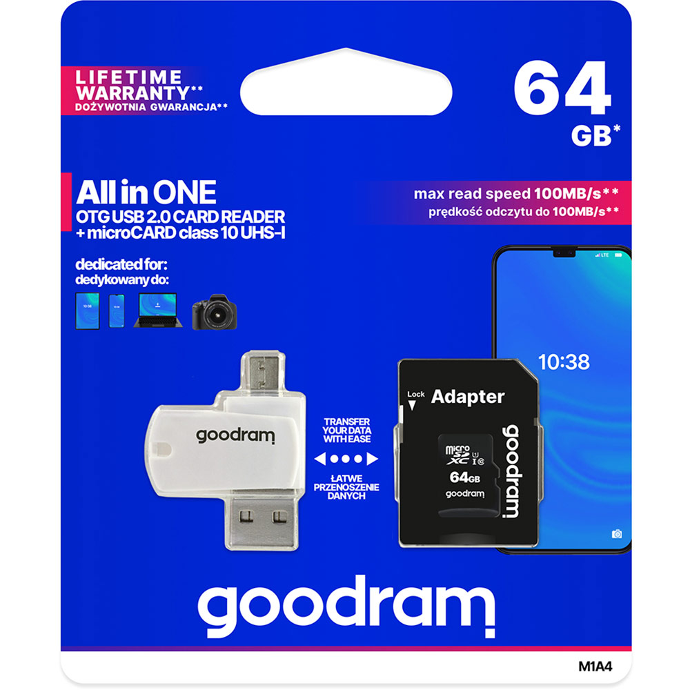 Карта пам'яті GOODRAM microSDXC 64GB UHS-I Class 10 + USB-cardreader/SD-adapter (M1A4-0640R12) Тип карти micro-SDXC