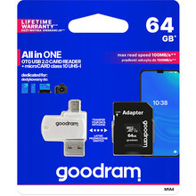 Карта пам'яті GOODRAM microSDXC 64GB UHS-I Class 10 + USB-cardreader/SD-adapter (M1A4-0640R12)