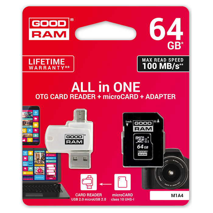 Карта пам'яті GOODRAM microSDXC 64GB UHS-I Class 10 + USB-cardreader/SD-adapter (M1A4-0640R12) Тип карти micro-SDXC