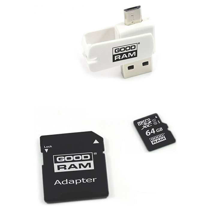 Карта памяти GOODRAM microSDXC 64GB UHS-I Class 10 + USB-cardreader/SD-adapter (M1A4-0640R12) Объём памяти 64 Гб