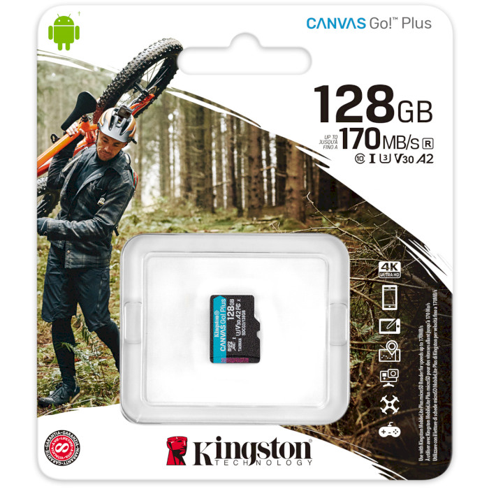 Карта пам'яті KINGSTON microSDXC 128GB Class 10 UHS-I U3 A2 (SDCG3/128GBSP) Об'єм пам'яті 128 Гб