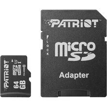 Карта памяти PATRIOT microSDXC 64GB Class 10 UHS-I LX + SD (PSF64GMCSDXC10)