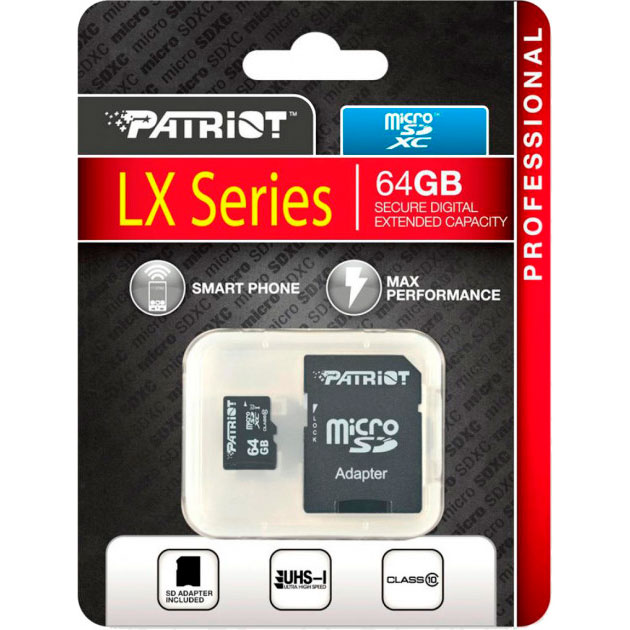 Карта пам'яті PATRIOT microSDXC 64GB Class 10 UHS-I LX + SD (PSF64GMCSDXC10) Тип карти micro-SDXC