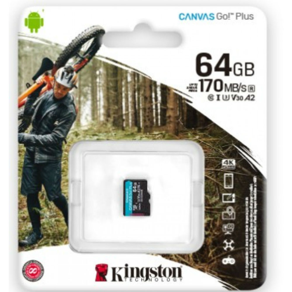 Карта пам'яті Kingston microSDXC 64 GB C10 UHS-I U3 A2 Canvas Go Plus (SDCG3/64GBSP) Об'єм пам'яті 64 Гб