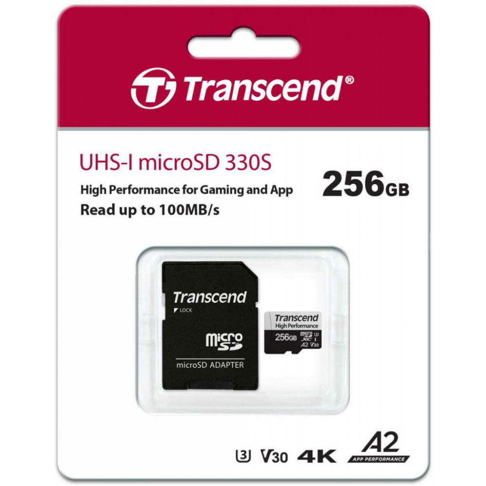 Карта памяти TRANSCEND 256 GB microSDXC C10 UHS-I U3 A2 + SD (TS256GUSD330S) Объём памяти 256 Гб