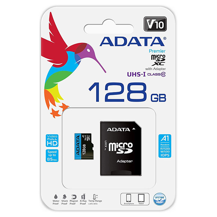 Карта памяти ADATA 128GB microSDXC C10 UHS-I A1 + SD (AUSDX128GUICL10A1-RA1) Объём памяти 128 Гб