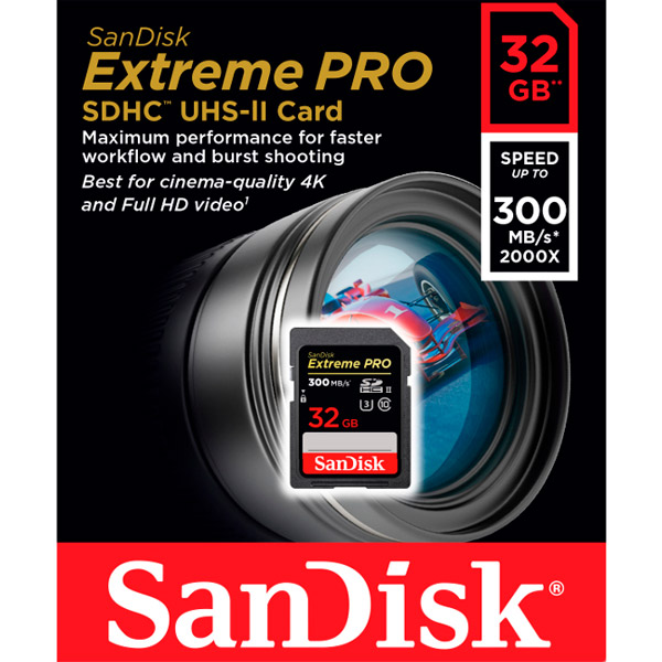 Карта памяти SANDISK SDHC 32GB C10 UHS-II R300/W260MB/s 4K Extreme Pro (SDSDXPK-032G-GN4IN) Объём памяти 32 Гб