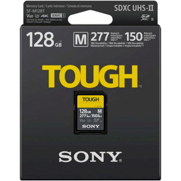 Карта пам'яті SONY SDXC 128GB C10 UHS-II U3 V60 R277/W150MB/s Tough (SFM128T.SYM) Тип карти SDXC