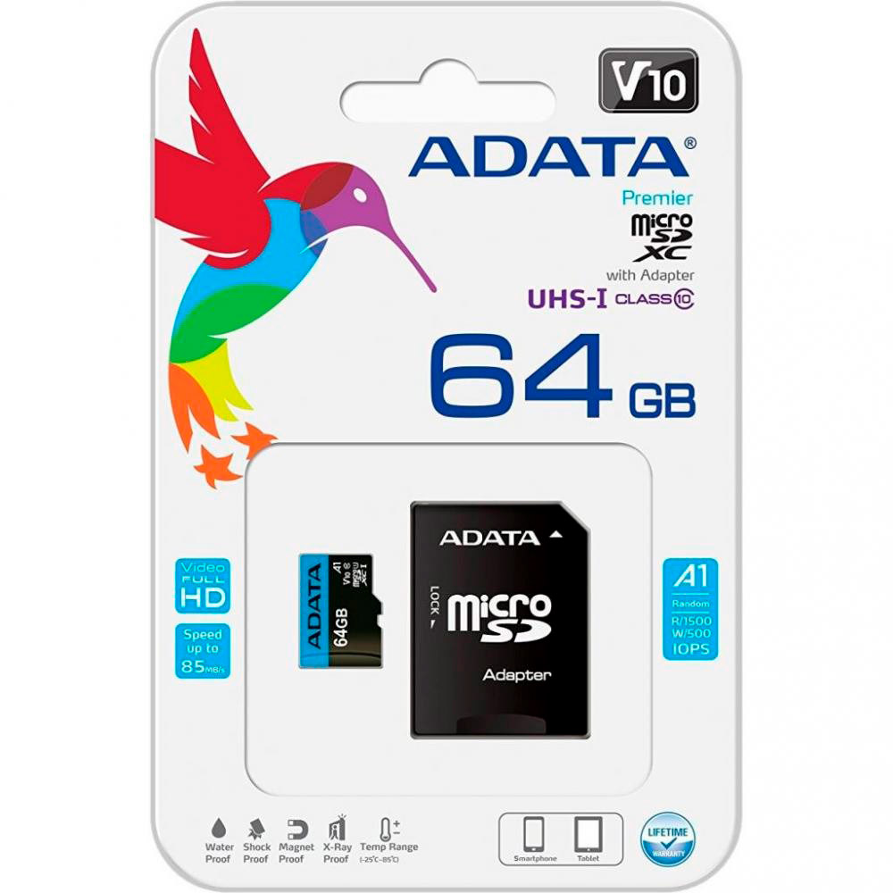 Карта пам'яті ADATA microSDXC 64 GB C10 UHS-I A1 + SD (AUSDX64GUICL10A1-RA1) Тип карти micro-SDXC