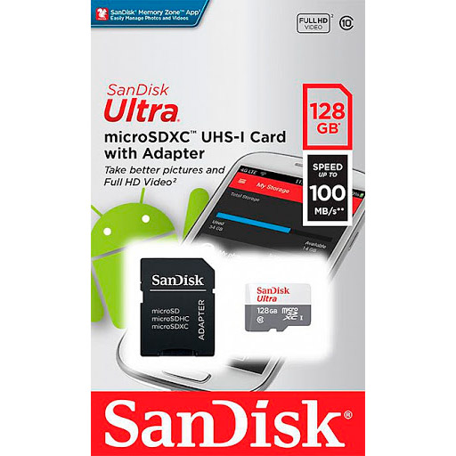 Карта памяти SANDISK microSDHC 128 GB C10 UHS-I R100MB/s Ultra + SD (SDSQUNR-128G-GN3MA) Тип карты micro-SDНС