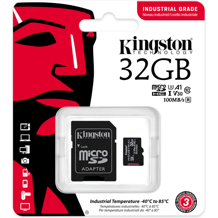 карта памяти KINGSTON microSDHC 32GB Industrial pSLC C10 A1 +ad Объём памяти 32 Гб