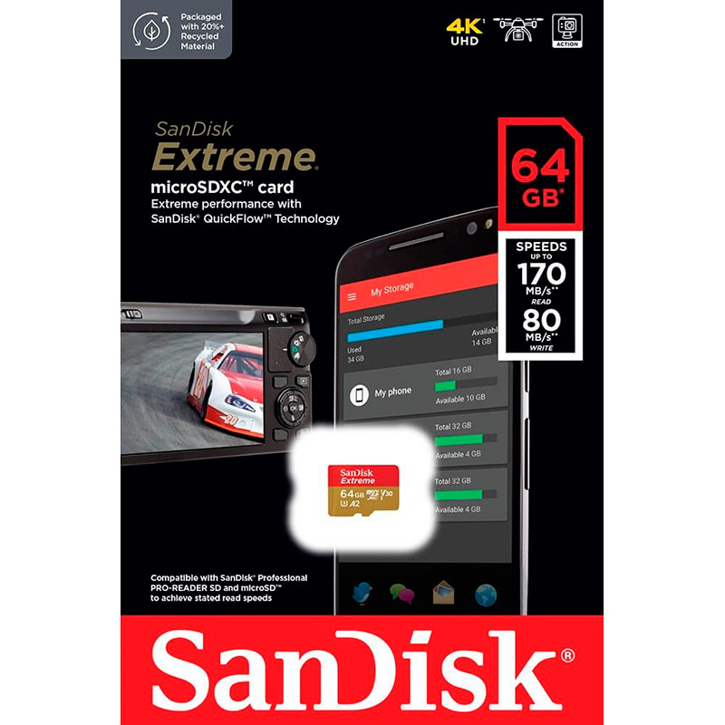 Карта пам'яті SANDISK micro-SDXC 64GB UHS-I U3 C10 Extreme V30 (SDSQXAH-064G-GN6MN) Об'єм пам'яті 64 Гб