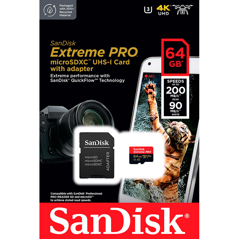 Карта пам'яті SANDISK micro-SDXC 64GB UHS-I U3 C10 Extreme Pro V30 + SD (SDSQXCU-064G-GN6MA) Швидкість читання 200