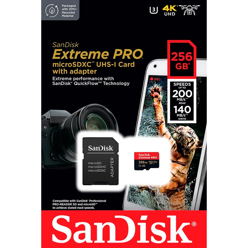 Карта памяти SANDISK micro-SDXC 256GB UHS-I U3 C10 Extreme Pro V30 + SD (SDSQXCD-256G-GN6MA) Скорость чтения 200