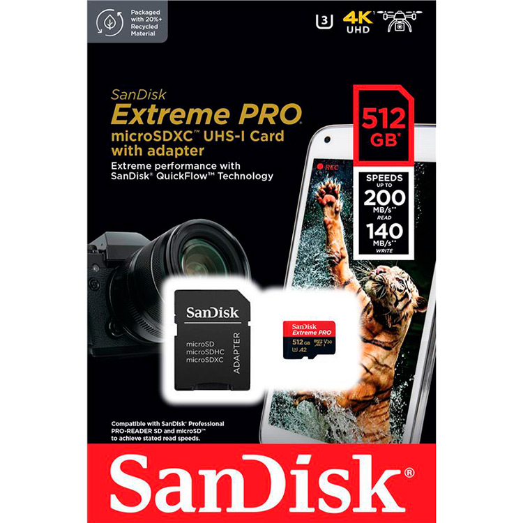 Карта памяти SANDISK micro-SDXC 512GB UHS-I U3 C10 Extreme Pro V30 + SD (SDSQXCD-512G-GN6MA) Класс UHS-I (U3)