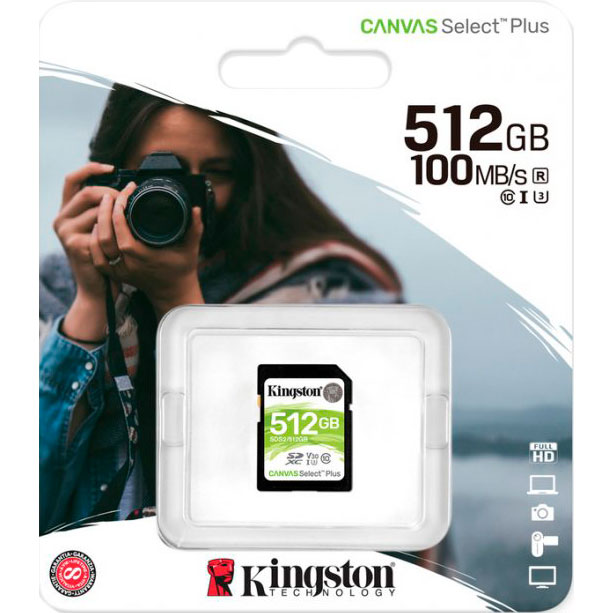 Карта памяти Kingston SDXC 512GB Canvas Select Plus Class 10 UHS-I U3 V30 (SDS2/512GB) Объём памяти 512 Гб