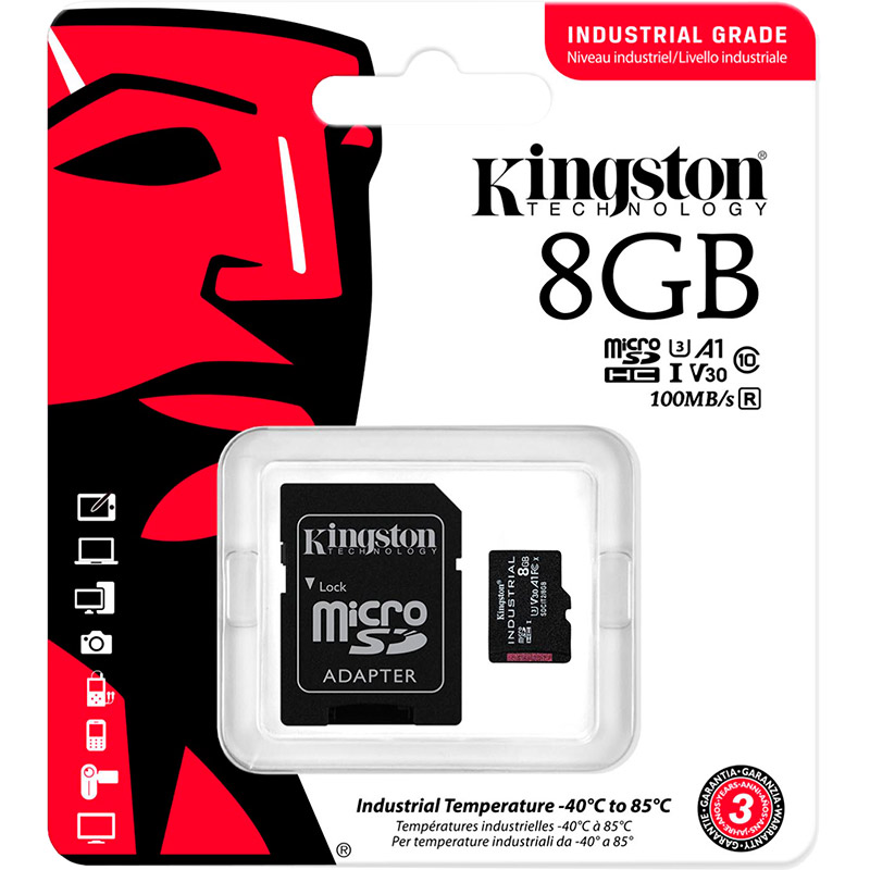 Карта пам'яті KINGSTON micro-SDHC 8GB Industrial Class 10 (SDCIT2/8GB) Об'єм пам'яті 8 Гб