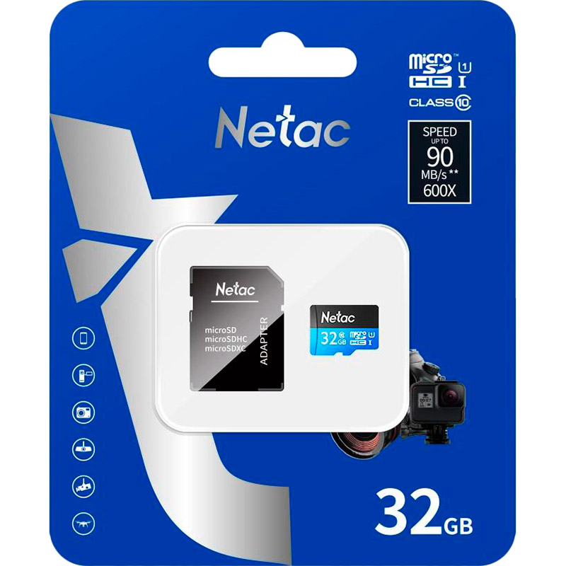 Карта памяти NETAC 32GB microSD C10 UHS-I + SD адаптер (NT02P500STN-032G-R) Объём памяти 32 Гб