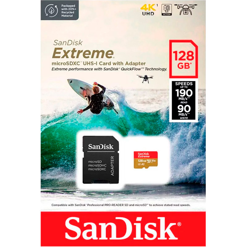 Карта пам'яті SANDISK MicroSDXC 128GB UHS-I U3 Extreme V30 + SD-адаптер (SDSQXAA-128G-GN6AA) Клас UHS-I (U3)