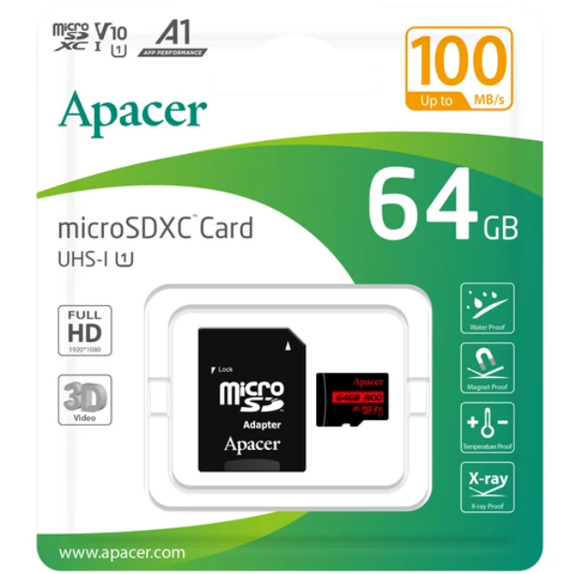 Карта пам'яті APACER microSDXC 64GB UHS-I Class 10 + SD adapter (AP64GMCSX10UB-R) Тип карти micro-SDXC