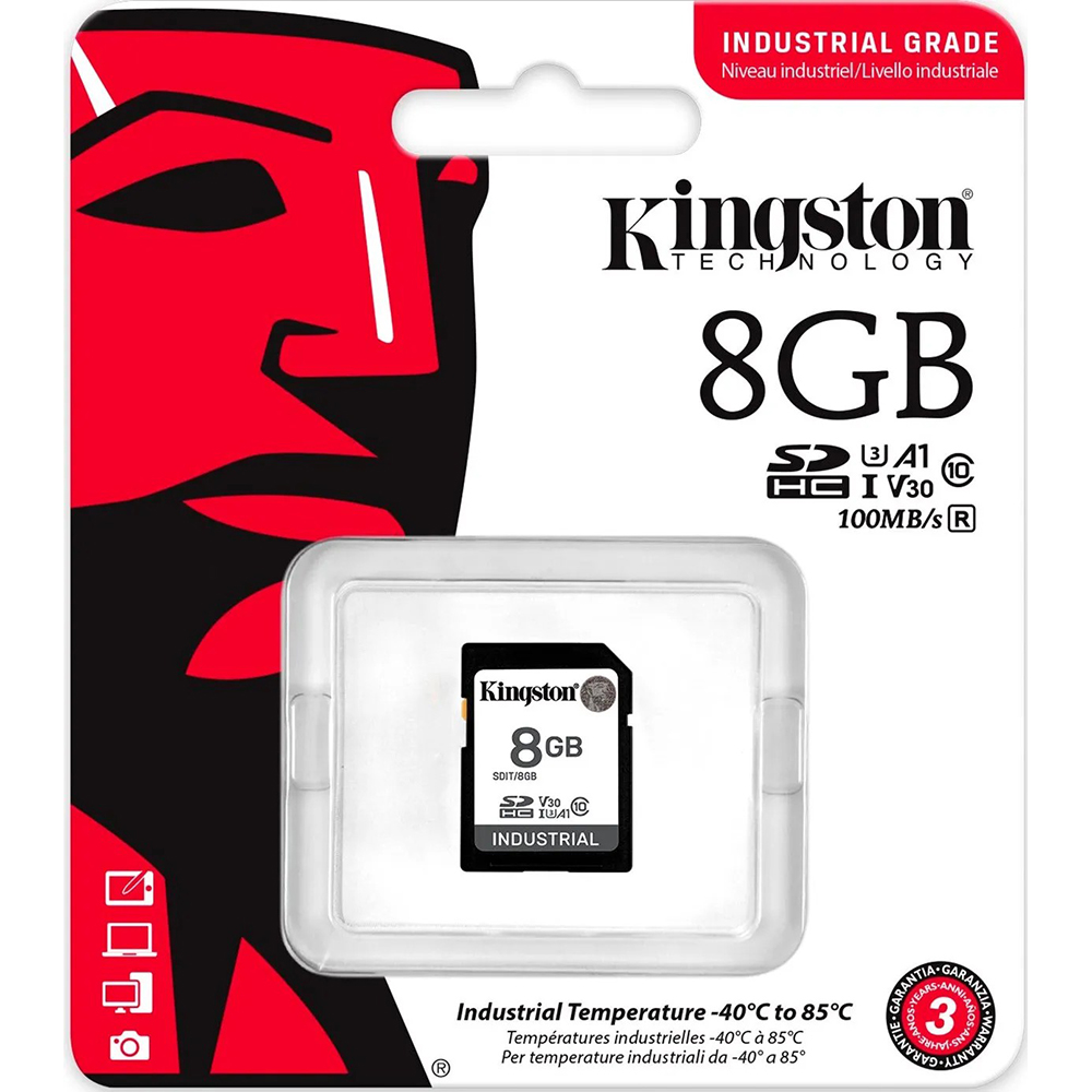 Карта памяти KINGSTON SDHC 8GB Industrial Class 10 UHS-I U3 V30 (SDIT/8GB) Объём памяти 8 Гб