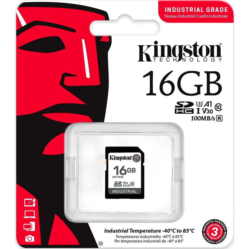 Карта памяти KINGSTON SDHC 16GB Industrial Class 10 UHS-I U3 V30 (SDIT/16GB) Объём памяти 16 Гб