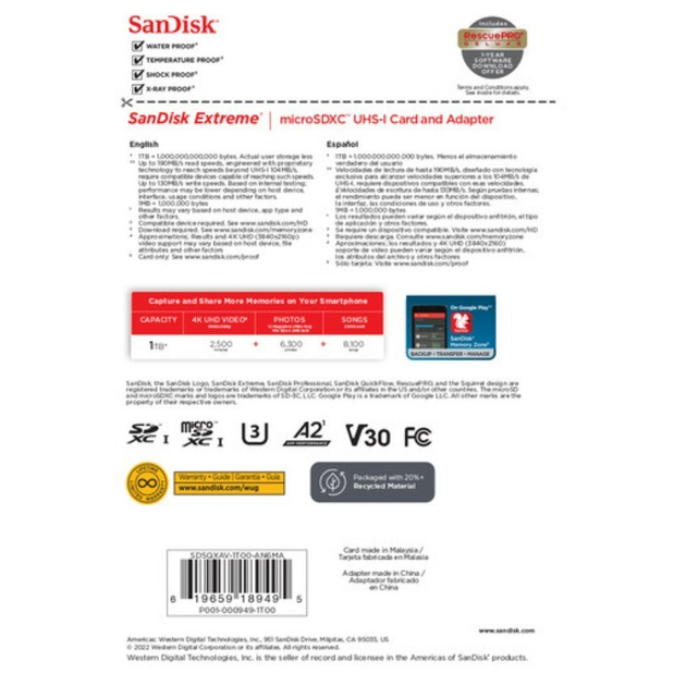 Заказать Карта памяти SANDISK microSDXC 1TB Extreme class 10 UHS-1 U3 + адаптер SD (SDSQXAV-1T00-GN6MA)