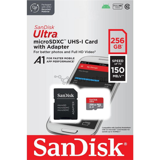 Карта памяти SANDISK microSDXC 256GB Ultra class 10 UHS-1 + адаптер SD (SDSQUAC-256G-GN6MA) Объём памяти 256 Гб