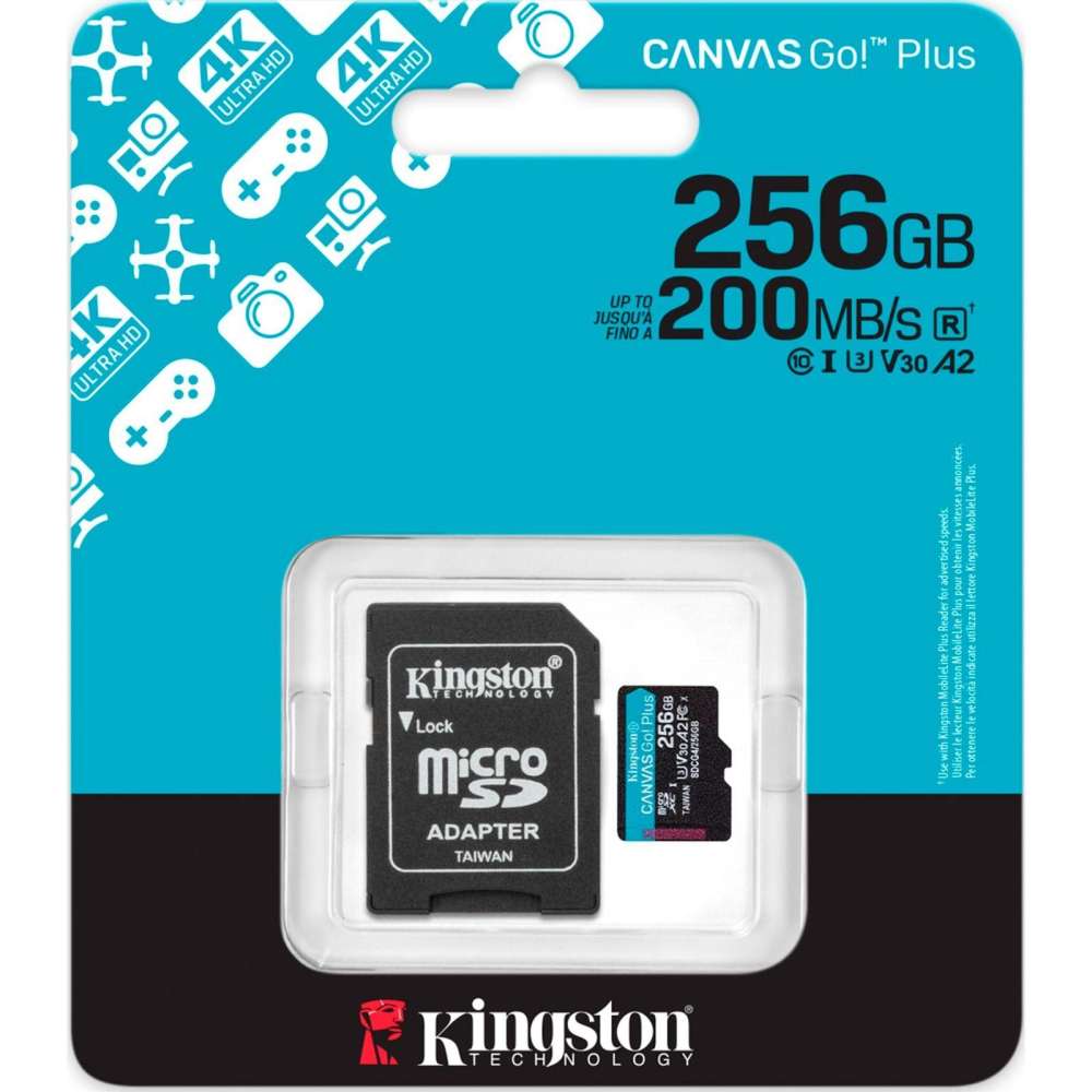Карта памяти KINGSTON microSD 256 GB C10 UHS-I U3 A2 V30 + SD (SDCG4/256GB) Объём памяти 256 Гб