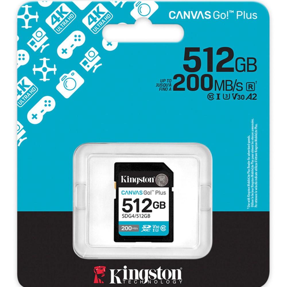 Карта пам'яті KINGSTON SDXC 512GB Canvas Go Plus Gen4 C10 UHS-I U3 V30 (SDG4/512GB) Швидкість читання 200