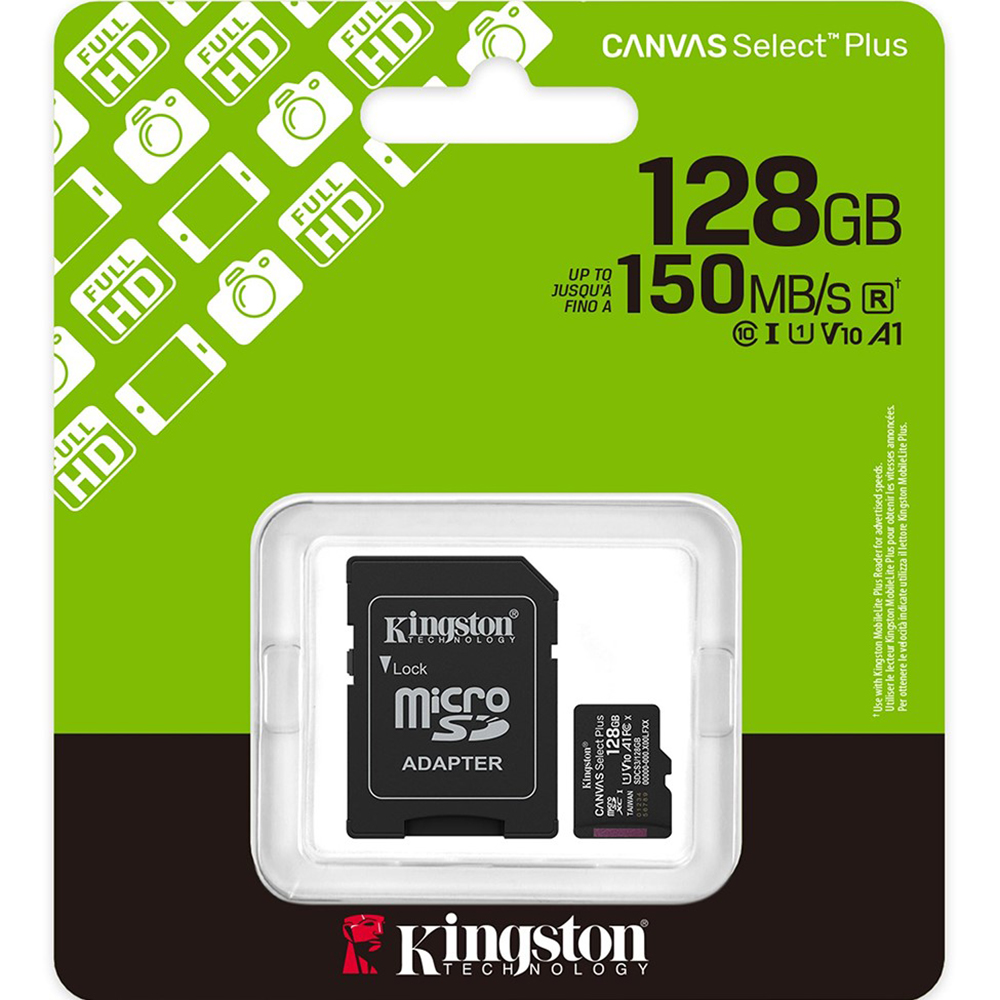 Карта пам'яті KINGSTON microSDXC 128Gb Canvas Select Plus Gen3 Class 10 UHS-I U1 V10 A1 + SD-adapter (SDCS3/128GB) Об'єм пам'яті 128 Гб
