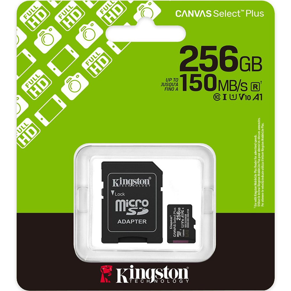 Карта пам'яті KINGSTON microSDXC 256GB Canvas Select Plus Gen3 Class 10 UHS-I U1 V10 A1 + SD-adapter (SDCS3/256GB) Об'єм пам'яті 256 Гб