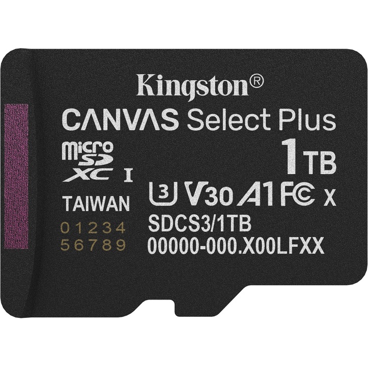 Карта памяти KINGSTON microSDXC 1Tb Canvas Select Plus Gen3 class 10 UHS-1 U3 А1 V30 (SDCS3/1TBSP)