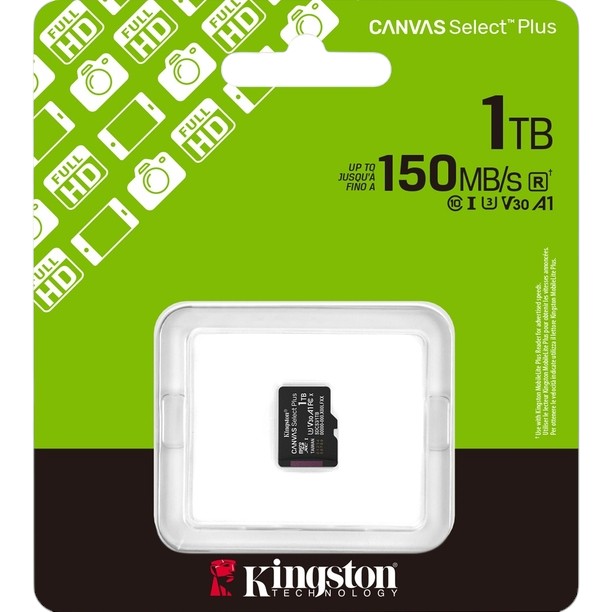 Карта памяти KINGSTON microSDXC 1Tb Canvas Select Plus Gen3 class 10 UHS-1 U3 А1 V30 (SDCS3/1TBSP) Объём памяти 1 Тб