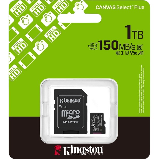 Карта памяти KINGSTON microSDXC 1Tb Canvas Select Plus Gen3 class 10 UHS-1 U3 А1 V30 + adapter SD (SDCS3/1TB) Объём памяти 1 Тб