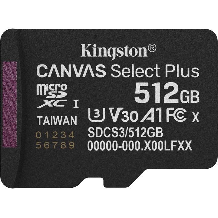 Карта памяти KINGSTON microSDXC 512Gb Canvas Select Plus Gen3 class 10 UHS-1 U3 А1 V30 (SDCS3/512GBSP)