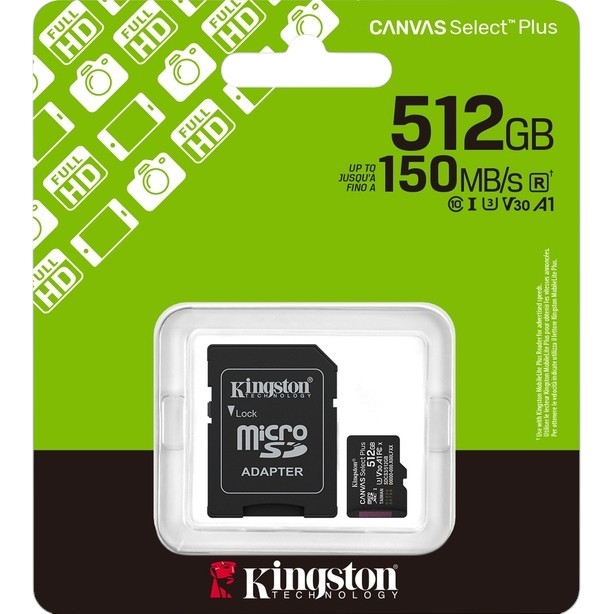 Карта памяти KINGSTON microSDXC 512Gb Canvas Select Plus Gen3 class 10 UHS-1 U3 А1 V30 + адаптер SD (SDCS3/512GB) Объём памяти 512 Гб