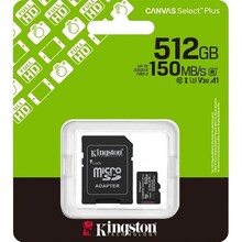 Карта памяти KINGSTON microSDXC 512Gb Canvas Select Plus Gen3 class 10 UHS-1 U3 А1 V30 + адаптер SD (SDCS3/512GB)