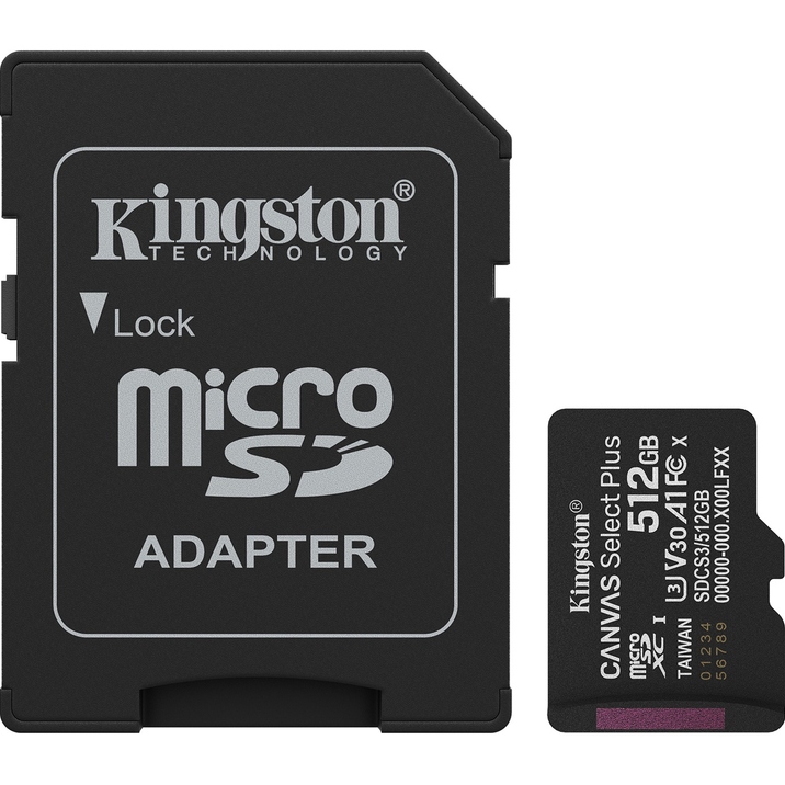 Карта памяти KINGSTON microSDXC 512Gb Canvas Select Plus Gen3 class 10 UHS-1 U3 А1 V30 + адаптер SD (SDCS3/512GB)