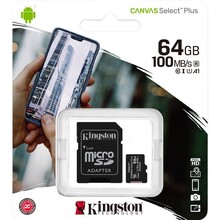 Карта памяти Kingston microSDXC 64Gb Canvas Select Plus Class 10 UHS-I U1 V10 A1 + SD-адаптер (SDCS3/64GB)