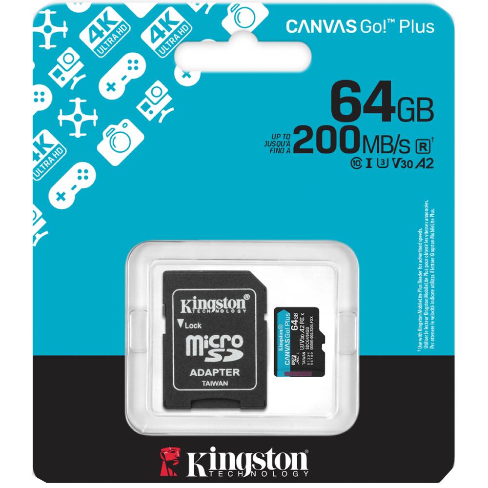 Карта памяти KINGSTON MicroSDXC 64GB Canvas Go! Plus Gen4 A2 U3 V30 Card (SDCG4/64GB) Объём памяти 64 Гб