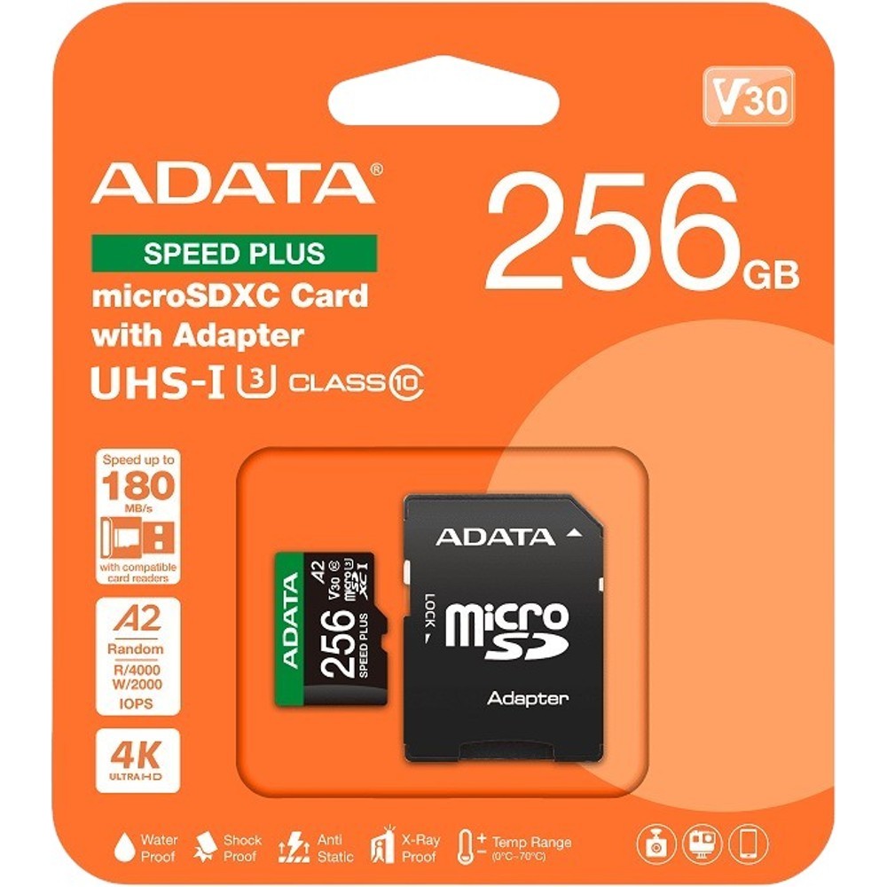 Карта пам'яті A-DATA microSDXC 256 GB Speed Plus Class 10/U3 (UD256GUI3V30A2SP-RA1) Об'єм пам'яті 256 Гб