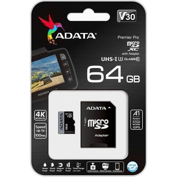 Карта пам'яті A-DATA microSDXC 64GB Premier Pro Class 10/U3 (AUSDX64GUI3V30SA2-RA1) Об'єм пам'яті 640 Гб