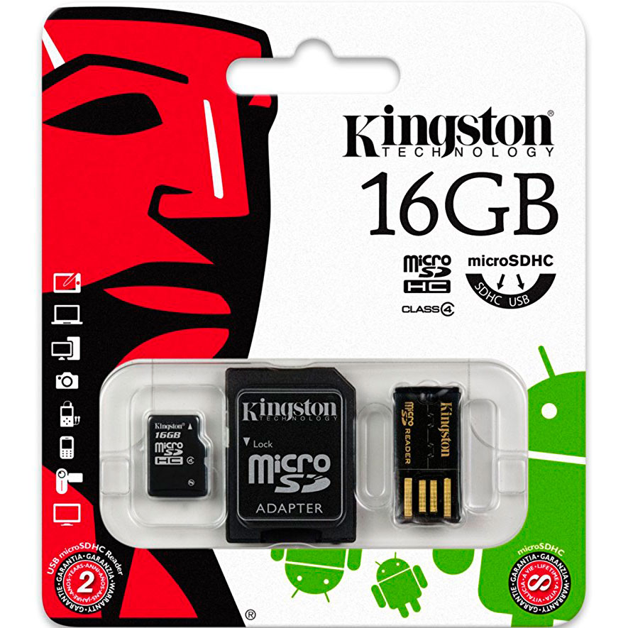 Карта памяти KINGSTON microSDHC 16GB Mobility Kit Class 4 (MBLY4G2/16GB) Объём памяти 16 Гб